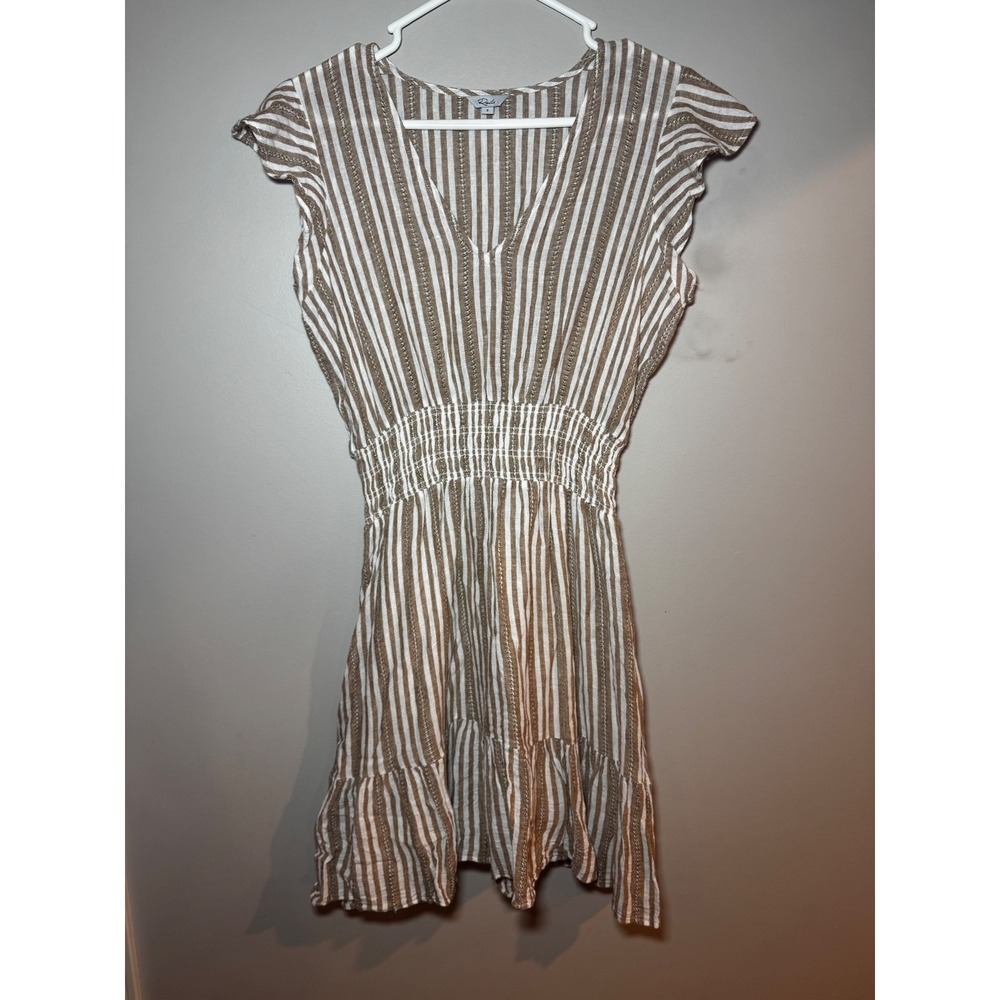 Rails Tara Tan White Striped Smocked Waist Linen Blend Mini Dress Small